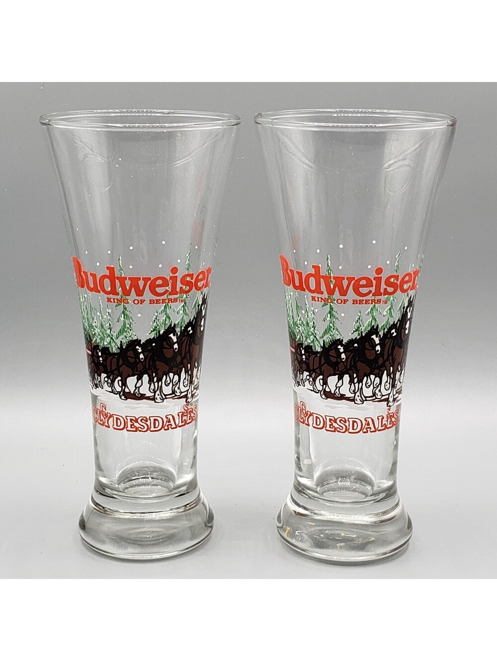 Vintage Budweiser Clydesdales Beer Pilsner Glasses QTY 2 Winter Scene 1988